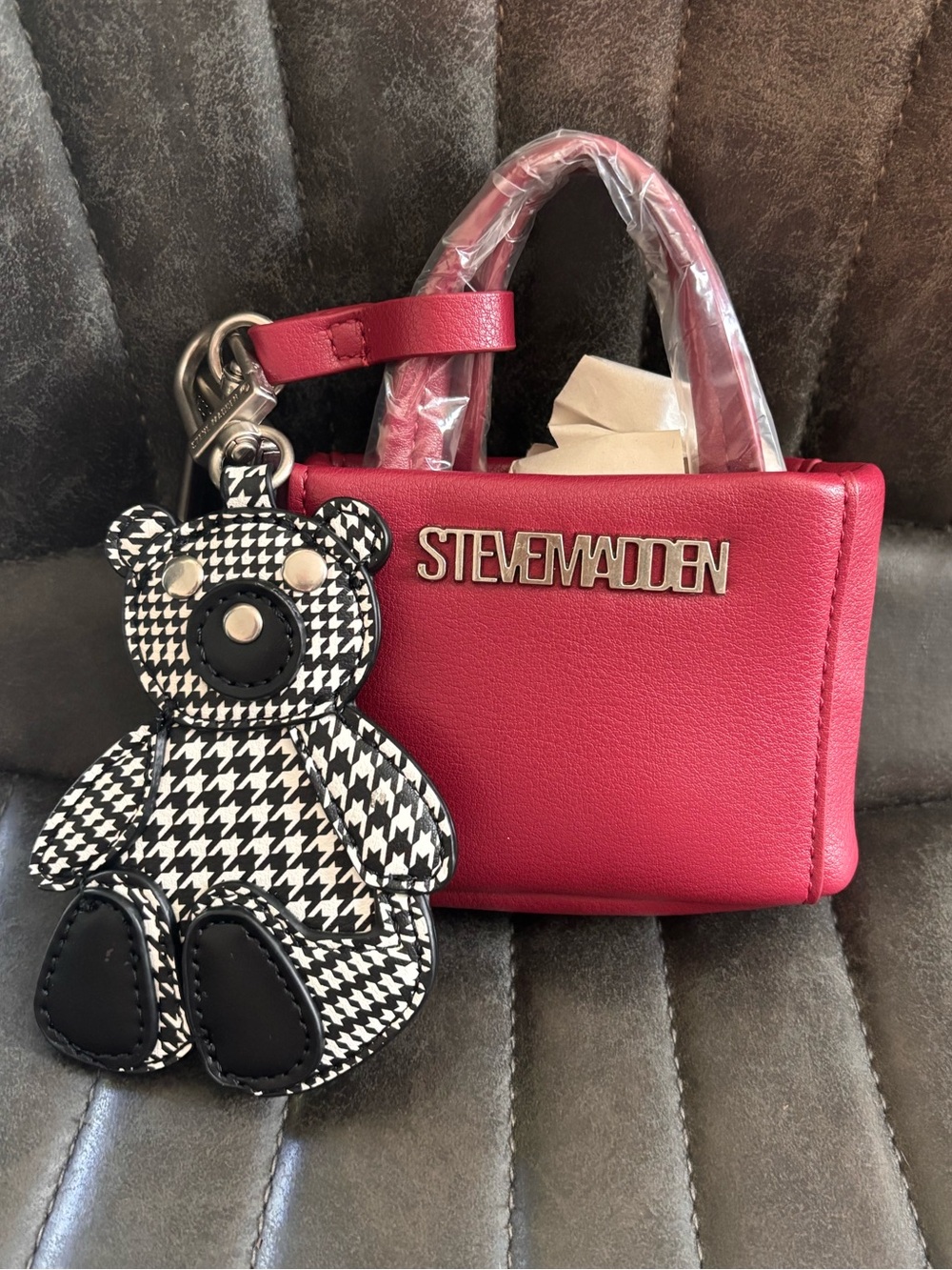 Steve Madden red Mini Tote with Houndstooth Bear Charm